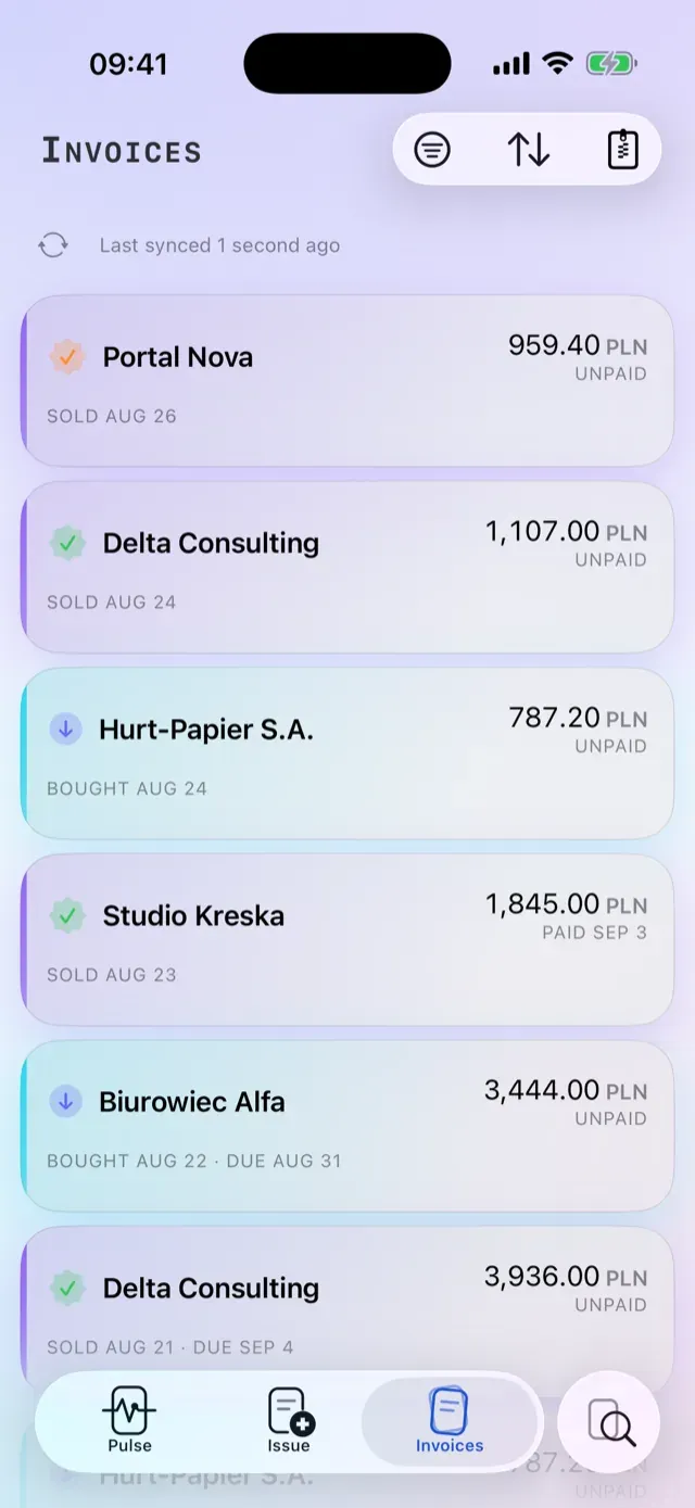 The invoice list in the Ksefly app on iPhone — sales and purchases with their KSeF status