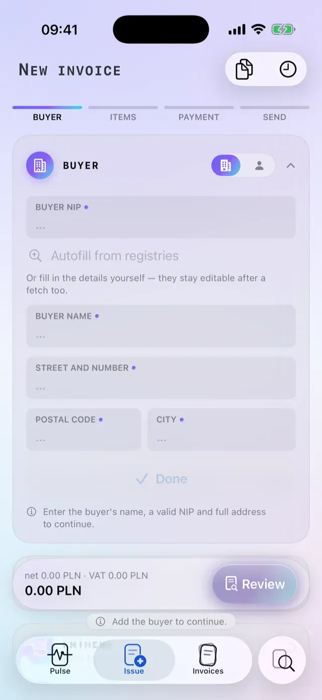Issuing an FA(3) invoice — buyer, line items and VAT summary