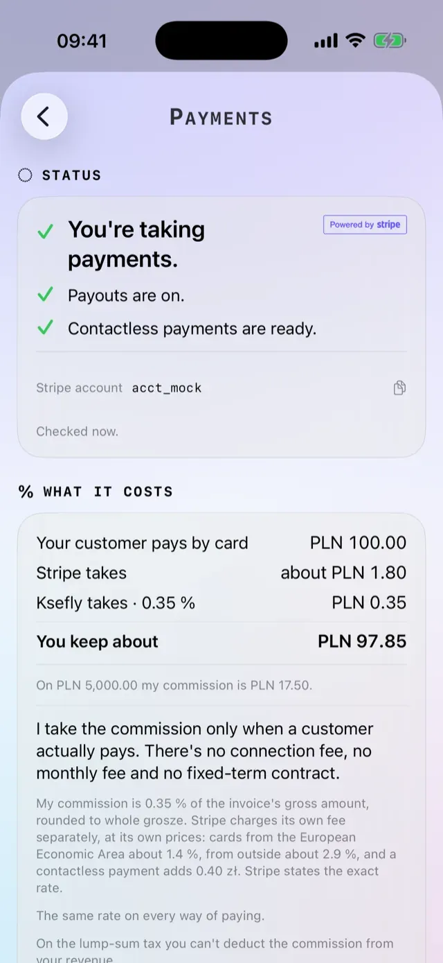 The payments room — Stripe account status and the full fee breakdown