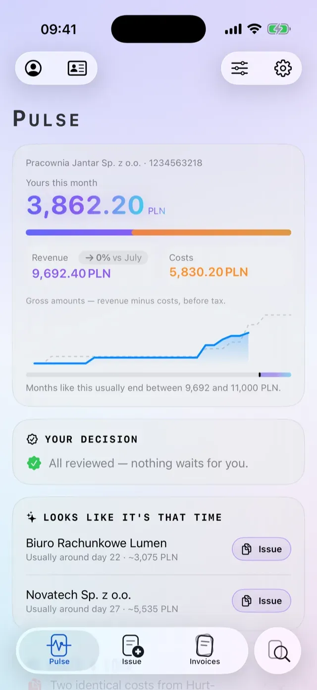 Pulse — revenue, client payment rhythm and period comparison