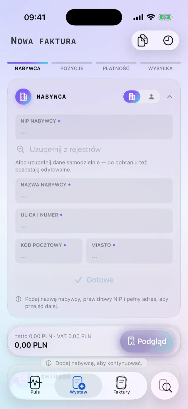 Ekran wystawiania faktury FA(3) — nabywca, pozycje i podsumowanie VAT