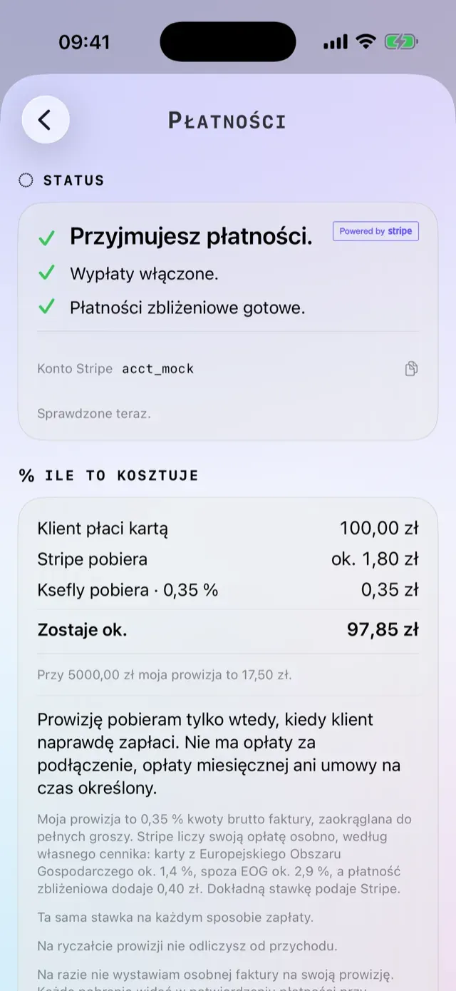 Pokój płatności — status konta Stripe i pełne wyliczenie prowizji